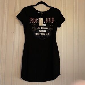 No Comment NWT Med Black Graphic Rock Tour Slinky T-Shirt Dress FREE SHIP